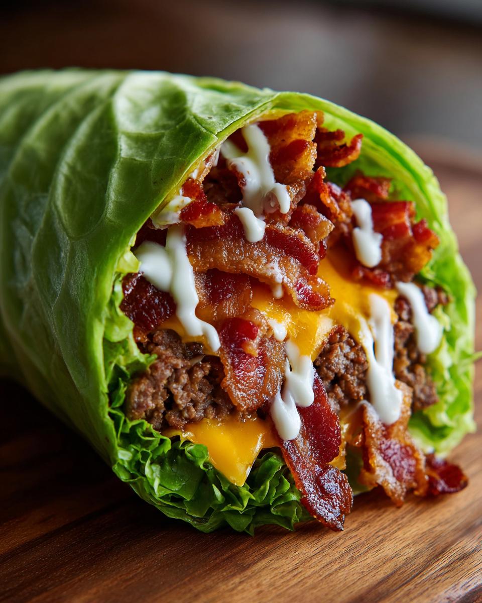 A close-up view of a Bacon Cheeseburger Wrap, featuring ground beef, melted cheese, crispy bacon, and white sauce wrapped in large lettuce leaves.
