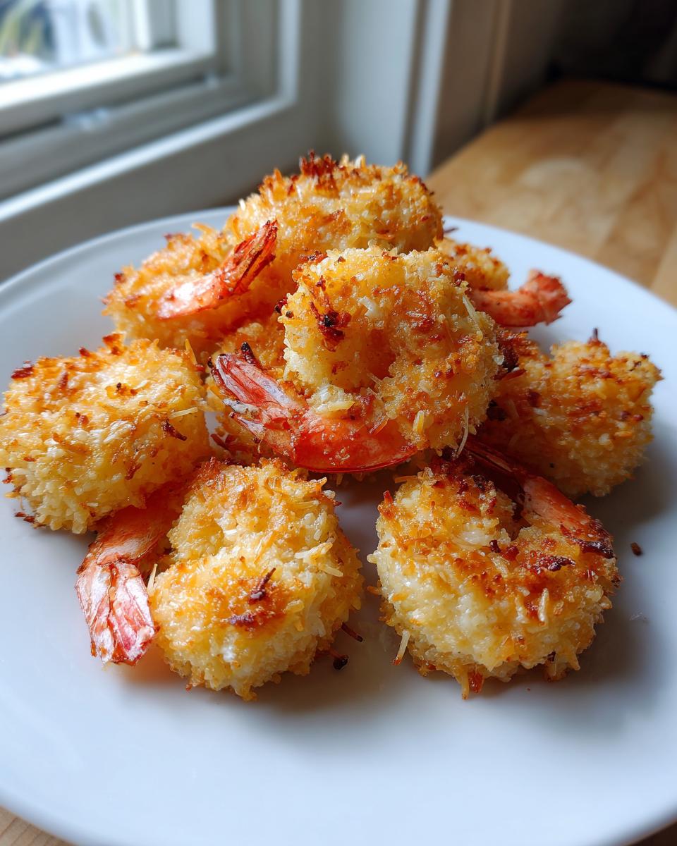 A close-up of several golden-brown, crispy baked coconut shrimp piled on a white plate.