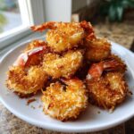 A close-up of several pieces of crispy, golden brown baked coconut shrimp stacked on a white plate.