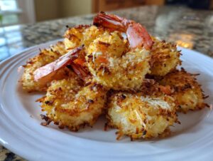 A close-up of several perfectly golden and crispy baked coconut shrimp piled on a white plate.