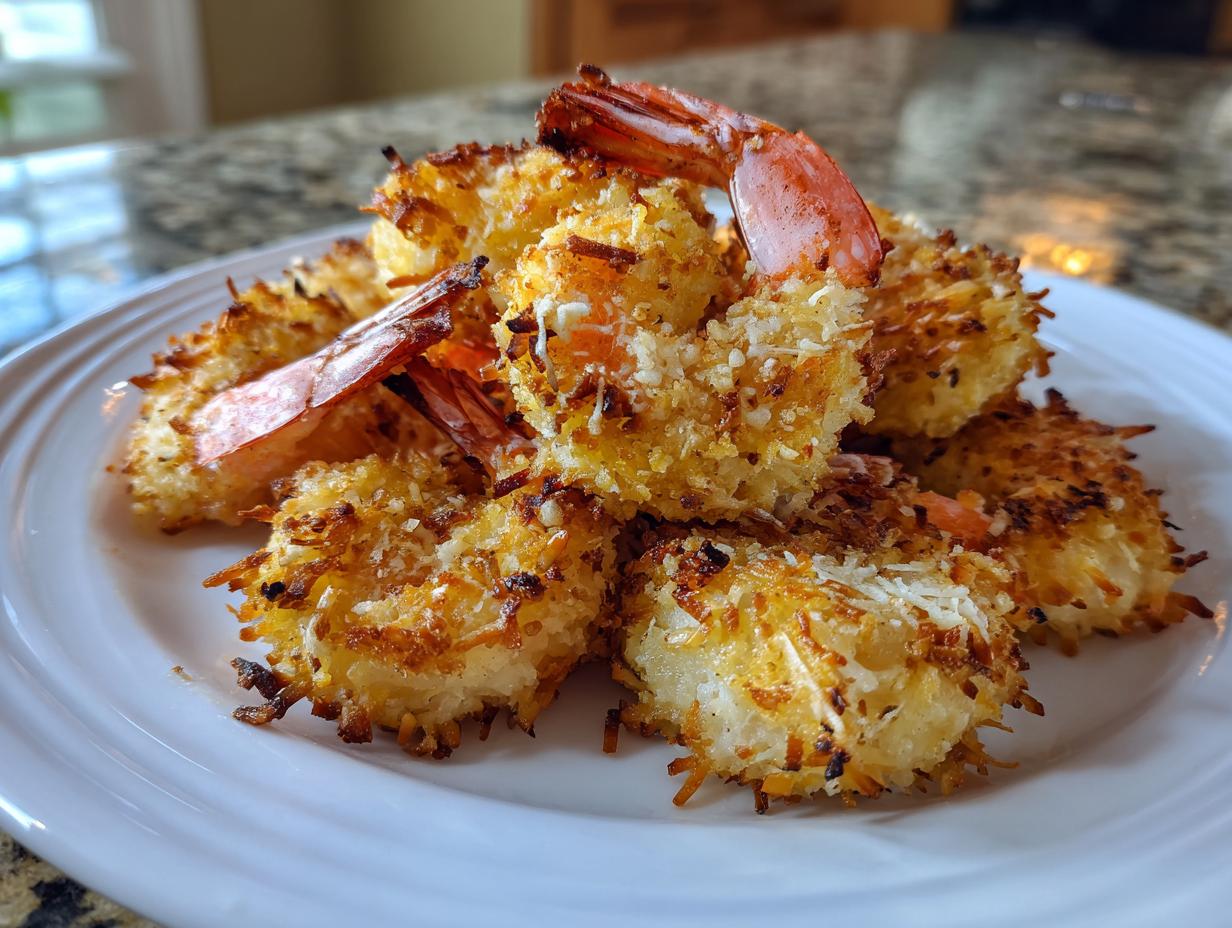 A close-up of several perfectly golden and crispy baked coconut shrimp piled on a white plate.