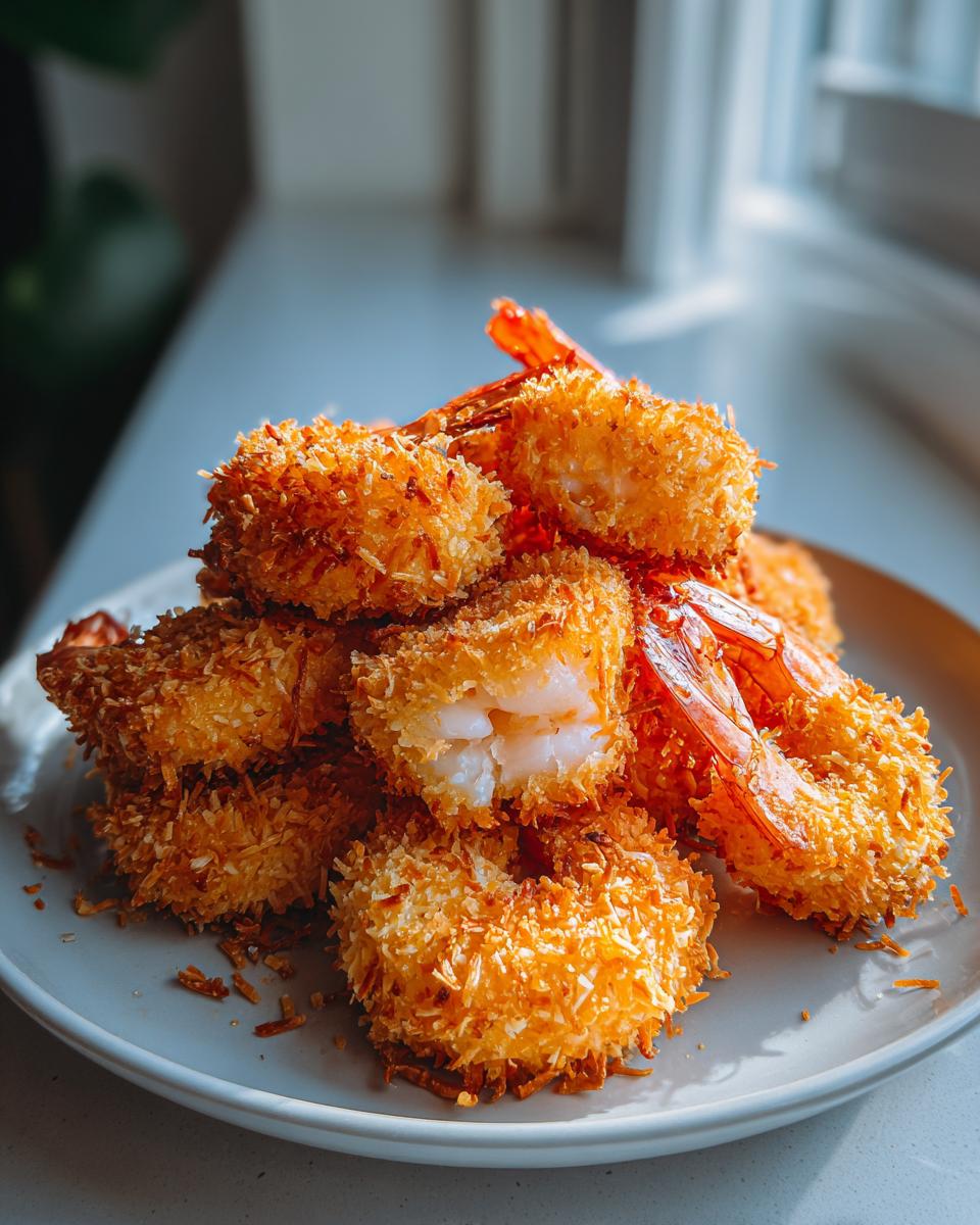 A close-up of a stack of crispy, golden baked coconut shrimp with tails on, showing the white shrimp meat inside one piece.