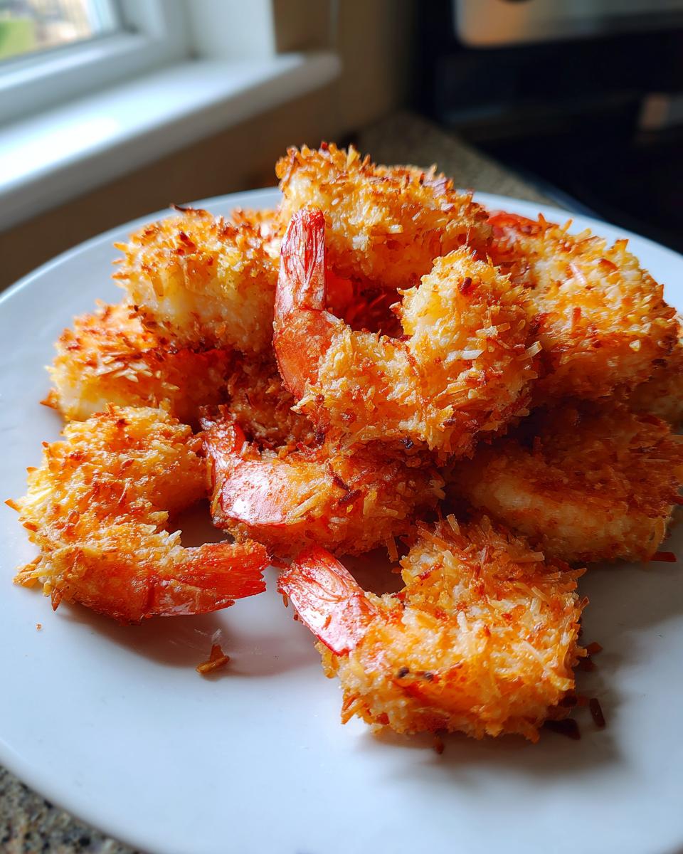 A pile of golden brown, crispy baked coconut shrimp served on a white plate.