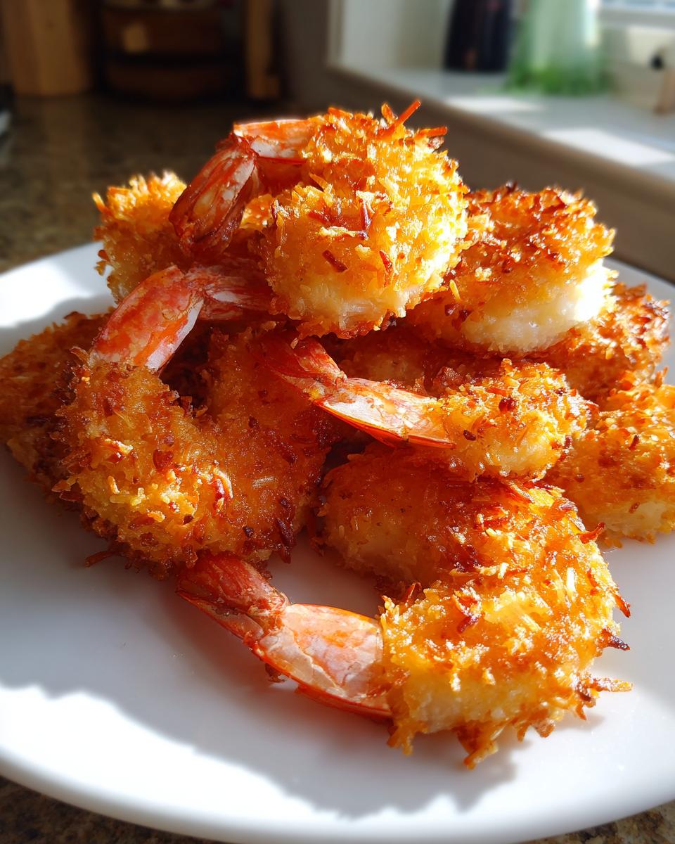 A close-up of several pieces of golden brown, crispy baked coconut shrimp piled high on a white plate.