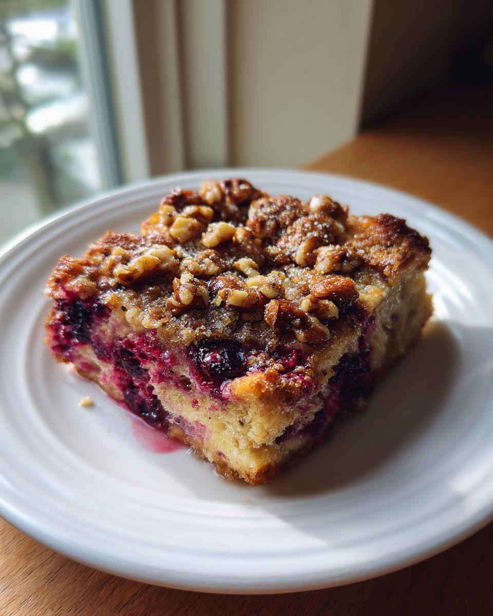 A square slice of Berry French toast casserole topped with walnuts and powdered sugar on a white plate.
