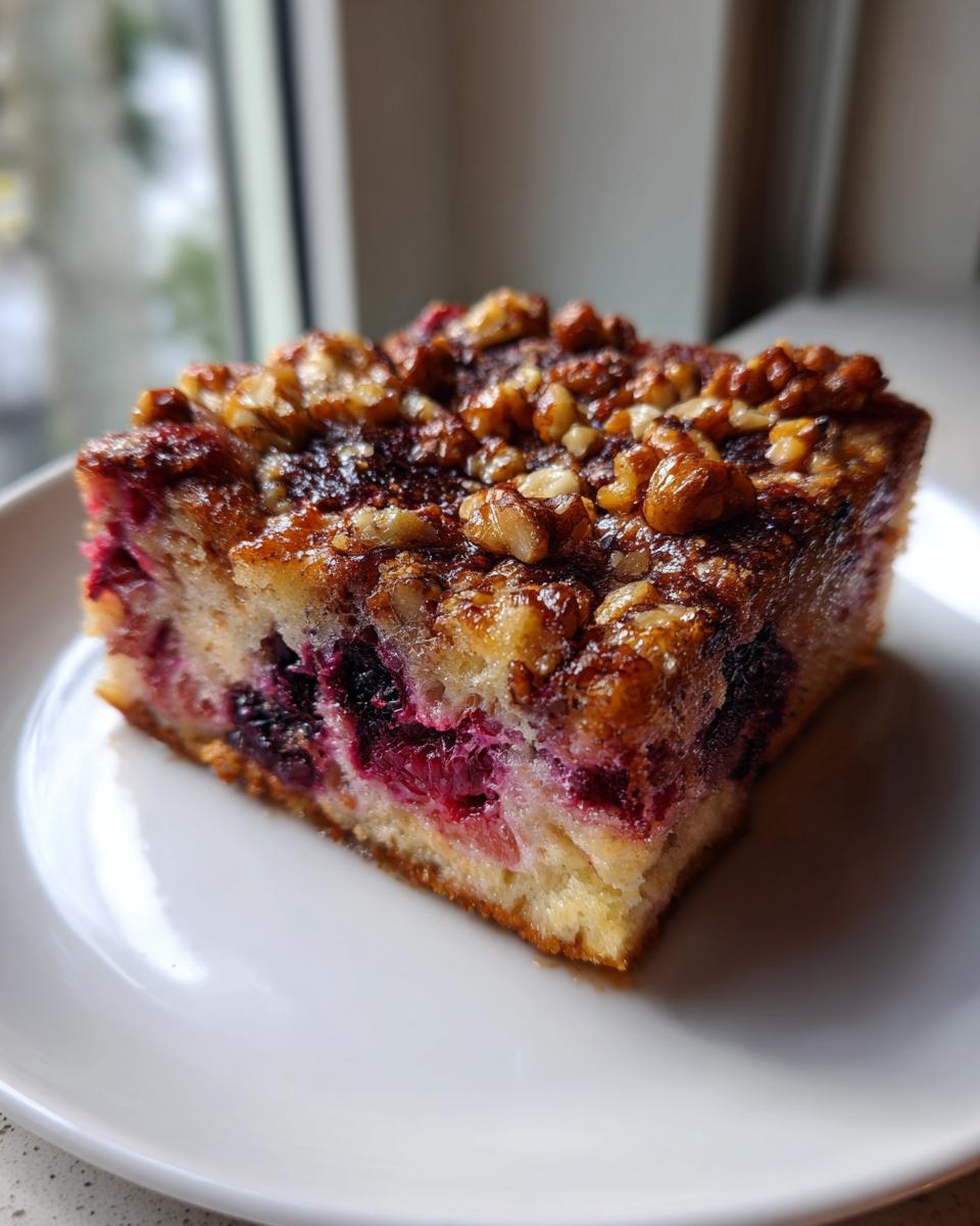 A square slice of Berry French toast casserole topped with a sticky glaze and crunchy walnuts, served on a white plate.