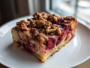A close-up of a single serving slice of Berry French toast casserole topped with walnuts and a sticky glaze.
