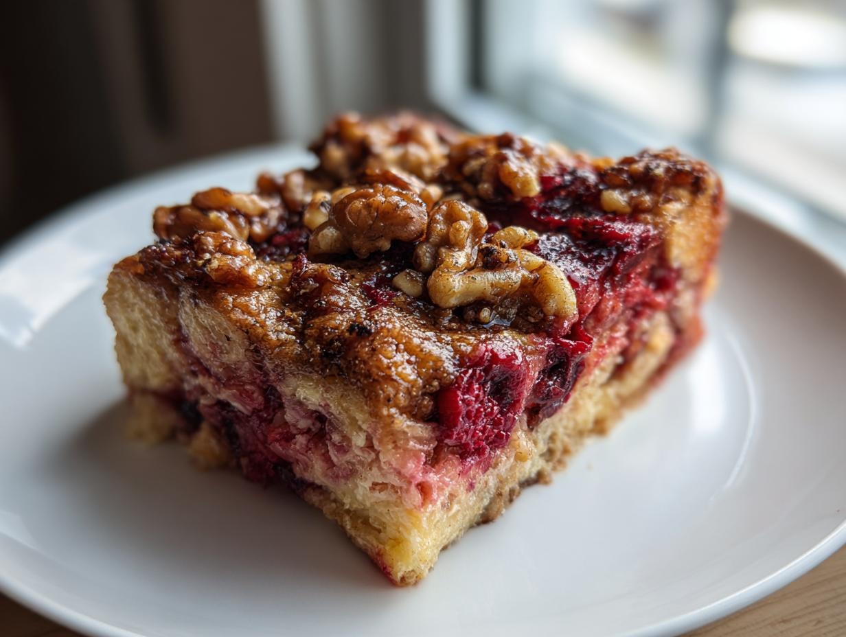 A close-up of a single serving slice of Berry French toast casserole topped with walnuts and a sticky glaze.