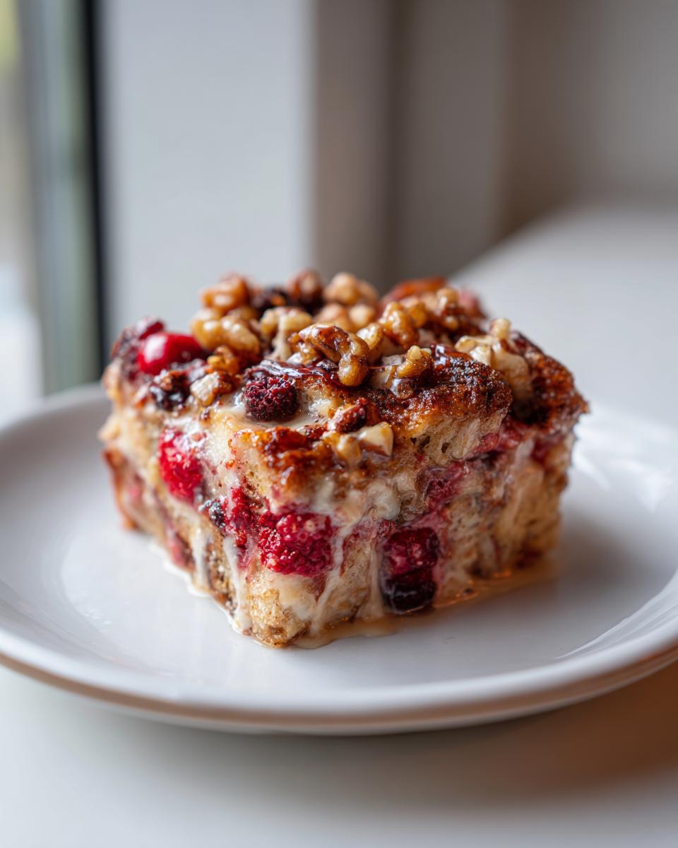 A close-up of a square serving of Berry French toast casserole, topped with walnuts and drizzled with glaze.