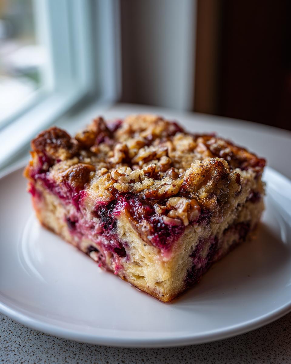 A square slice of Berry French toast casserole with a crunchy nut topping served on a white plate.