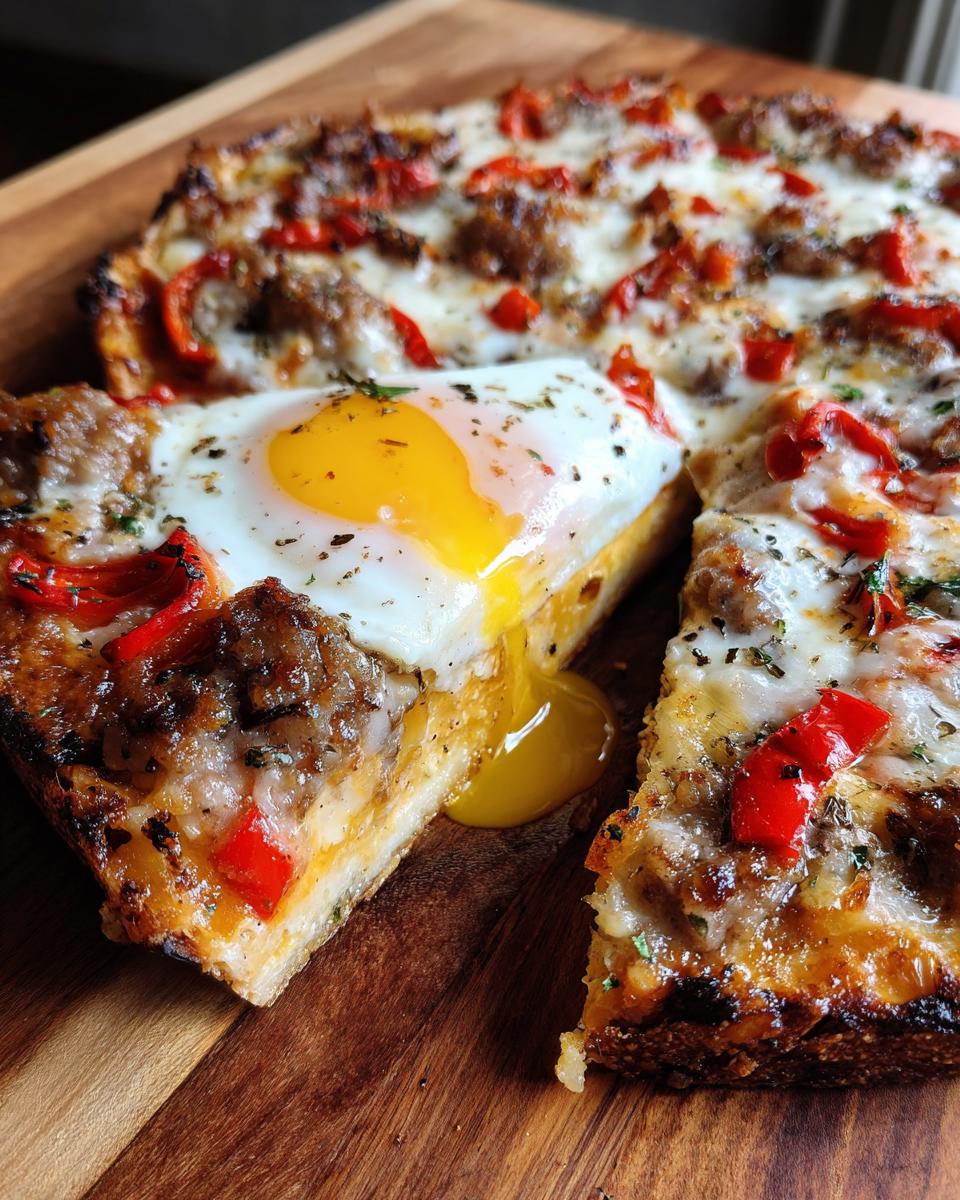 A slice of breakfast pizza featuring sausage, red peppers, cheese, and a sunny-side-up egg with a runny yolk spilling out.