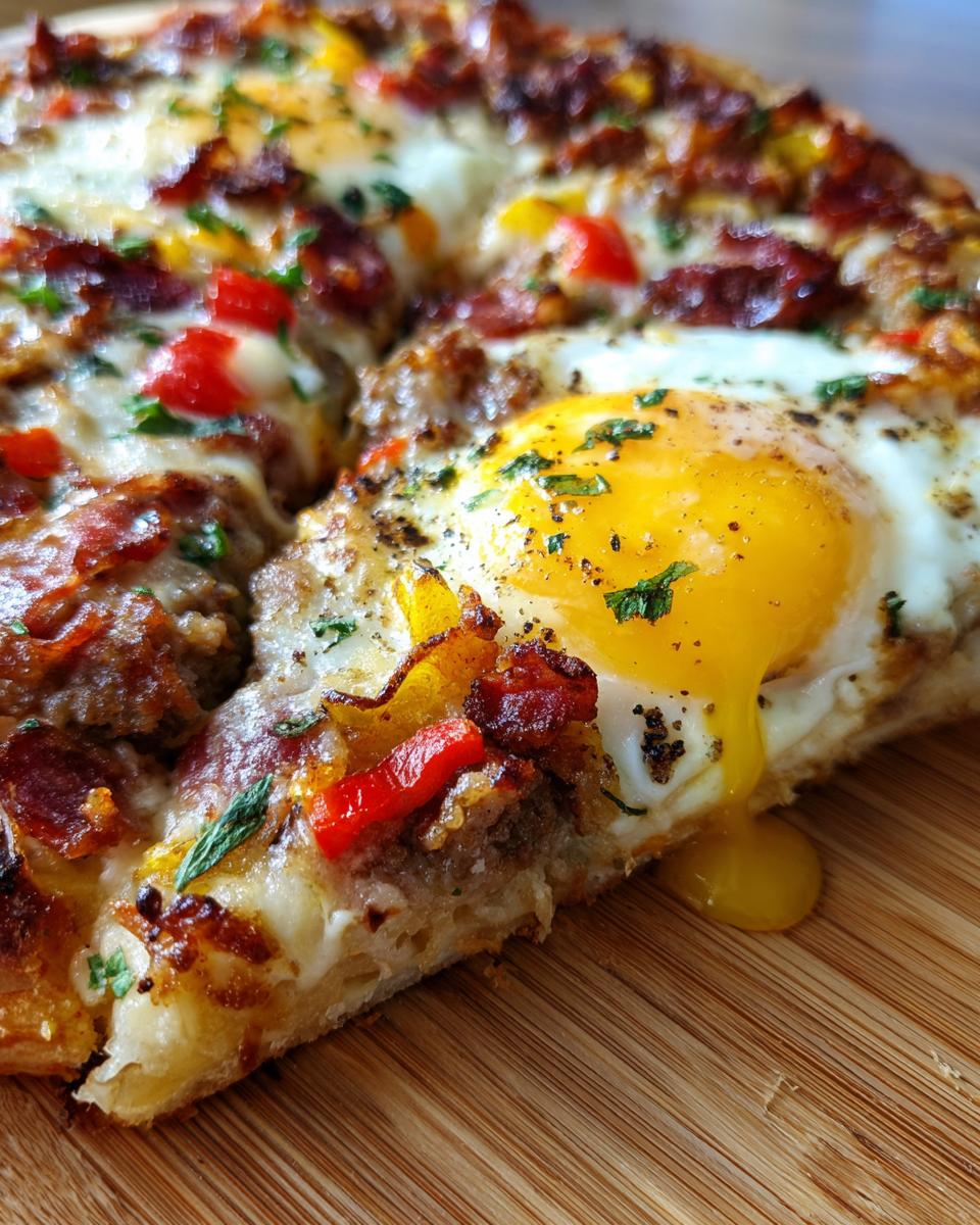 A close-up slice of breakfast pizza topped with a sunny-side-up egg, bacon, peppers, and cheese, showing a runny yolk.