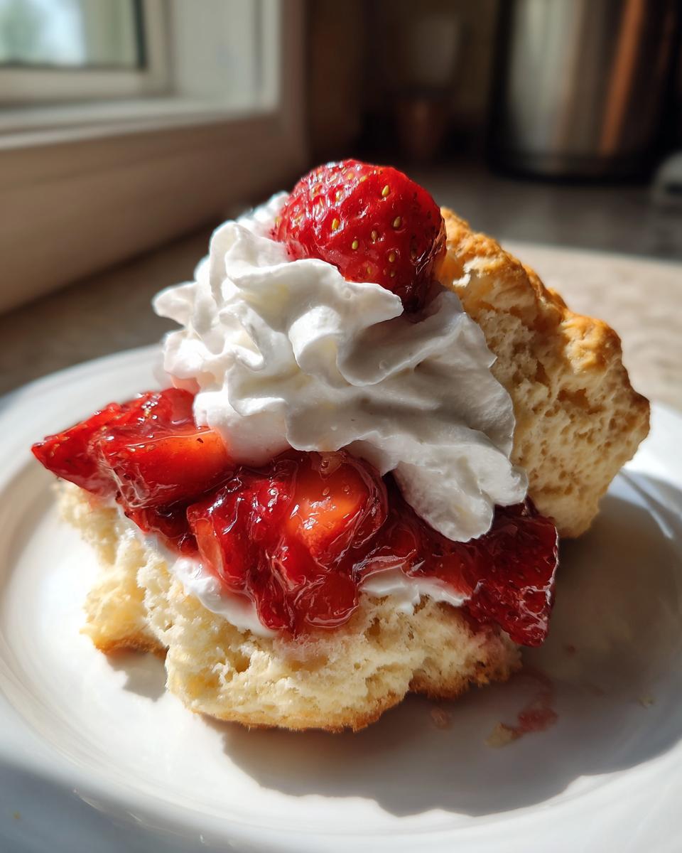 A close-up of a single serving of buttermilk strawberry shortcakes, topped with macerated strawberries and a dollop of whipped cream.