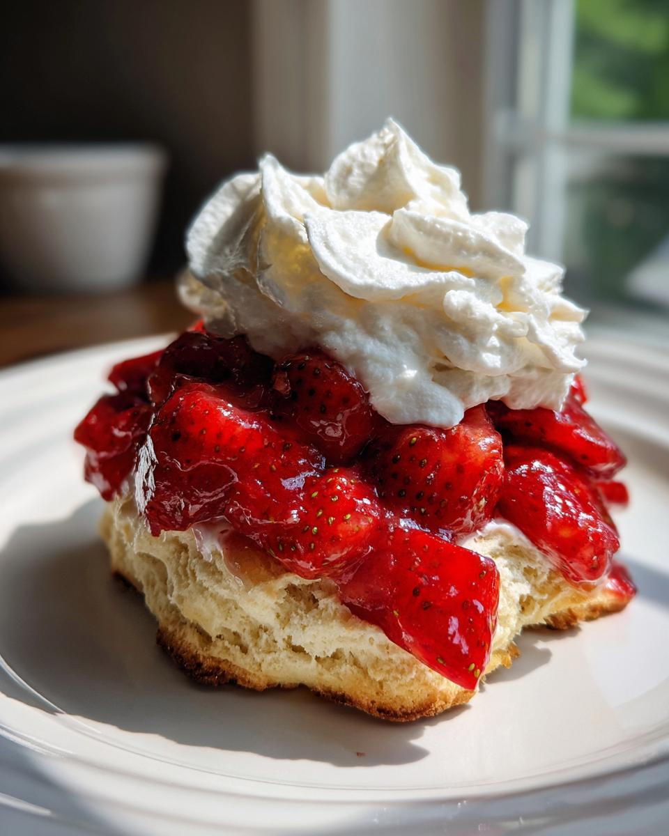 A close-up of a single serving of buttermilk strawberry shortcakes topped with macerated strawberries and a dollop of whipped cream.