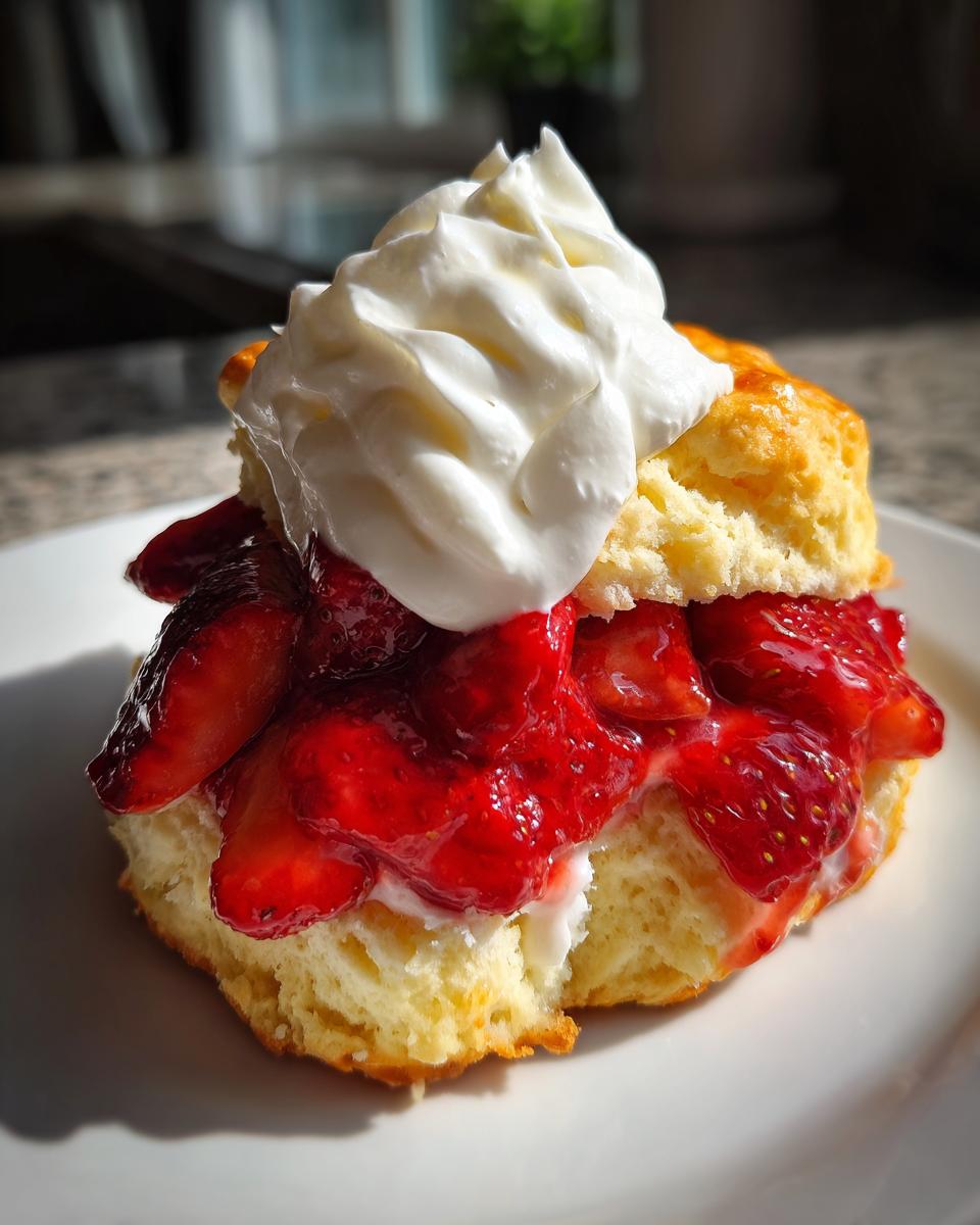 Close-up of a fluffy buttermilk strawberry shortcakes split open, filled with macerated strawberries and topped with a dollop of whipped cream.