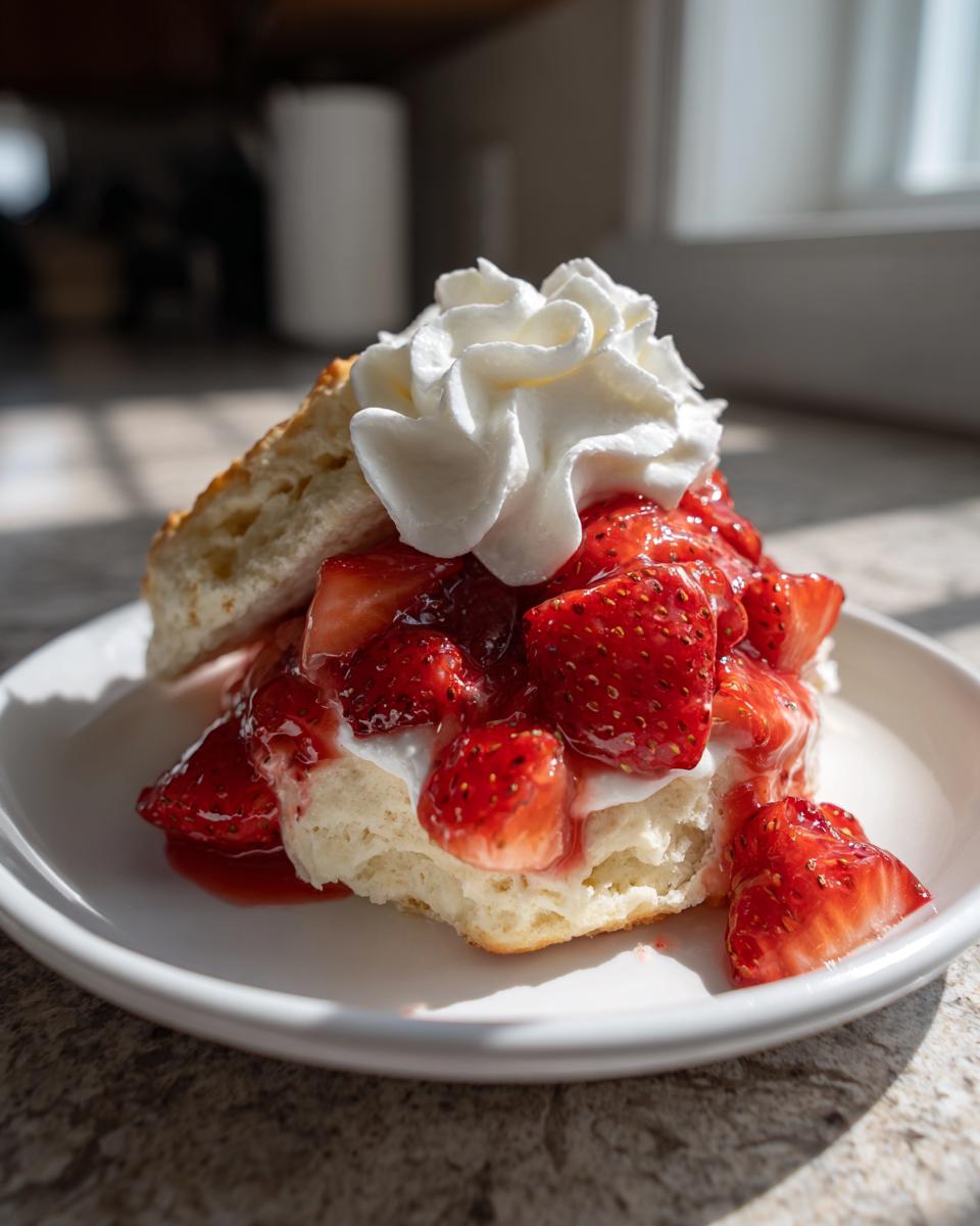 A close-up of a delicious buttermilk strawberry shortcakes half, topped with macerated strawberries and a dollop of whipped cream.
