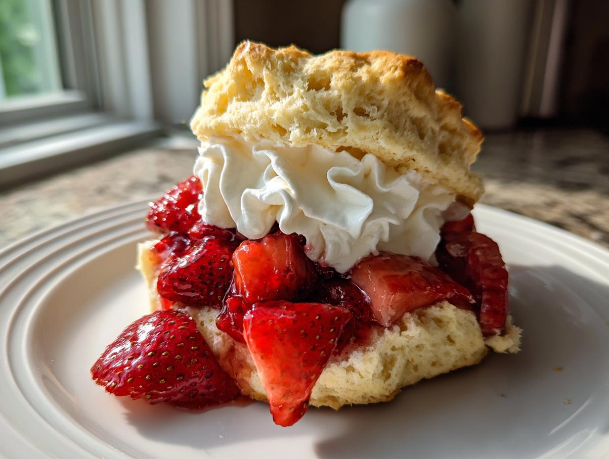 A close-up of a delicious Buttermilk strawberry shortcakes split open, filled with macerated strawberries and topped with whipped cream.