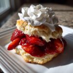 A close-up of a delicious buttermilk strawberry shortcakes layer filled with macerated strawberries and topped with a swirl of whipped cream.