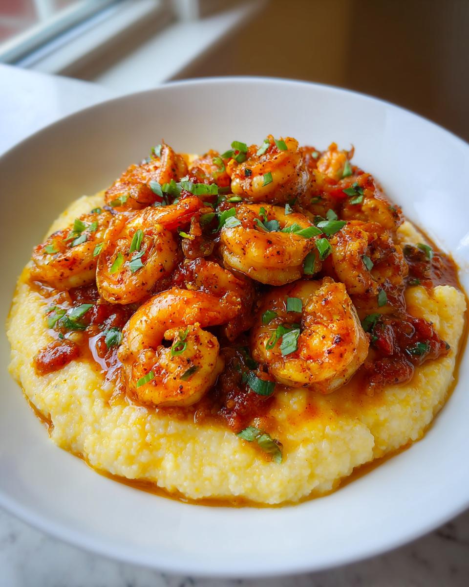 Close-up of a white bowl filled with creamy grits topped generously with seasoned Cajun shrimp and a savory sauce, garnished with green onions.