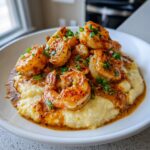 Close-up of a hearty serving of Cajun shrimp and grits, featuring plump, seasoned shrimp over creamy grits, garnished with green onions.