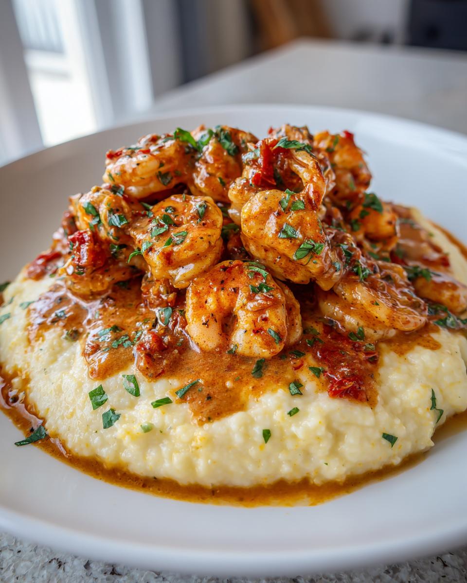 A close-up of creamy grits topped with spicy, saucy Cajun shrimp and garnished with fresh parsley.
