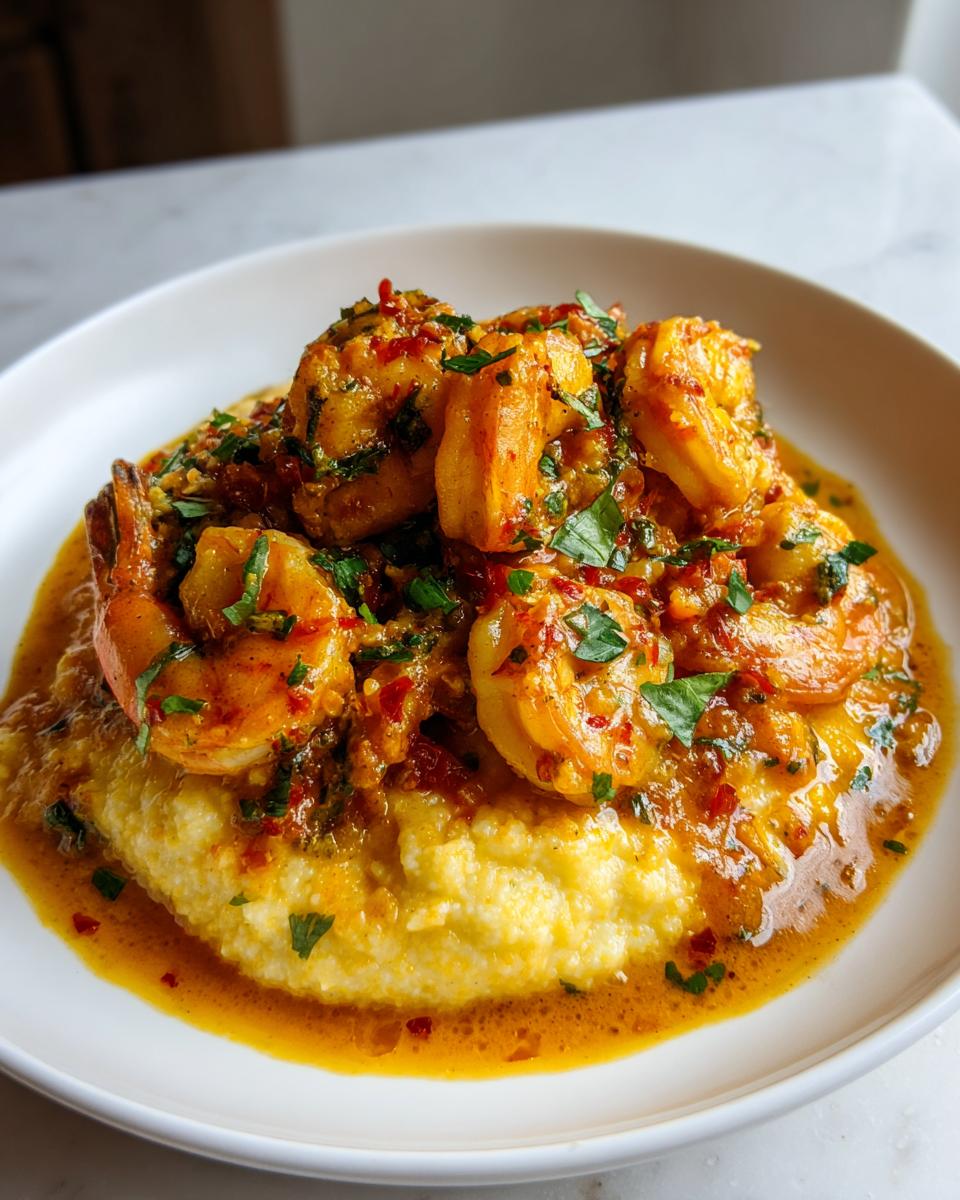 A close-up of a serving of Cajun shrimp and grits, featuring plump shrimp in a rich, spicy sauce over creamy yellow grits.