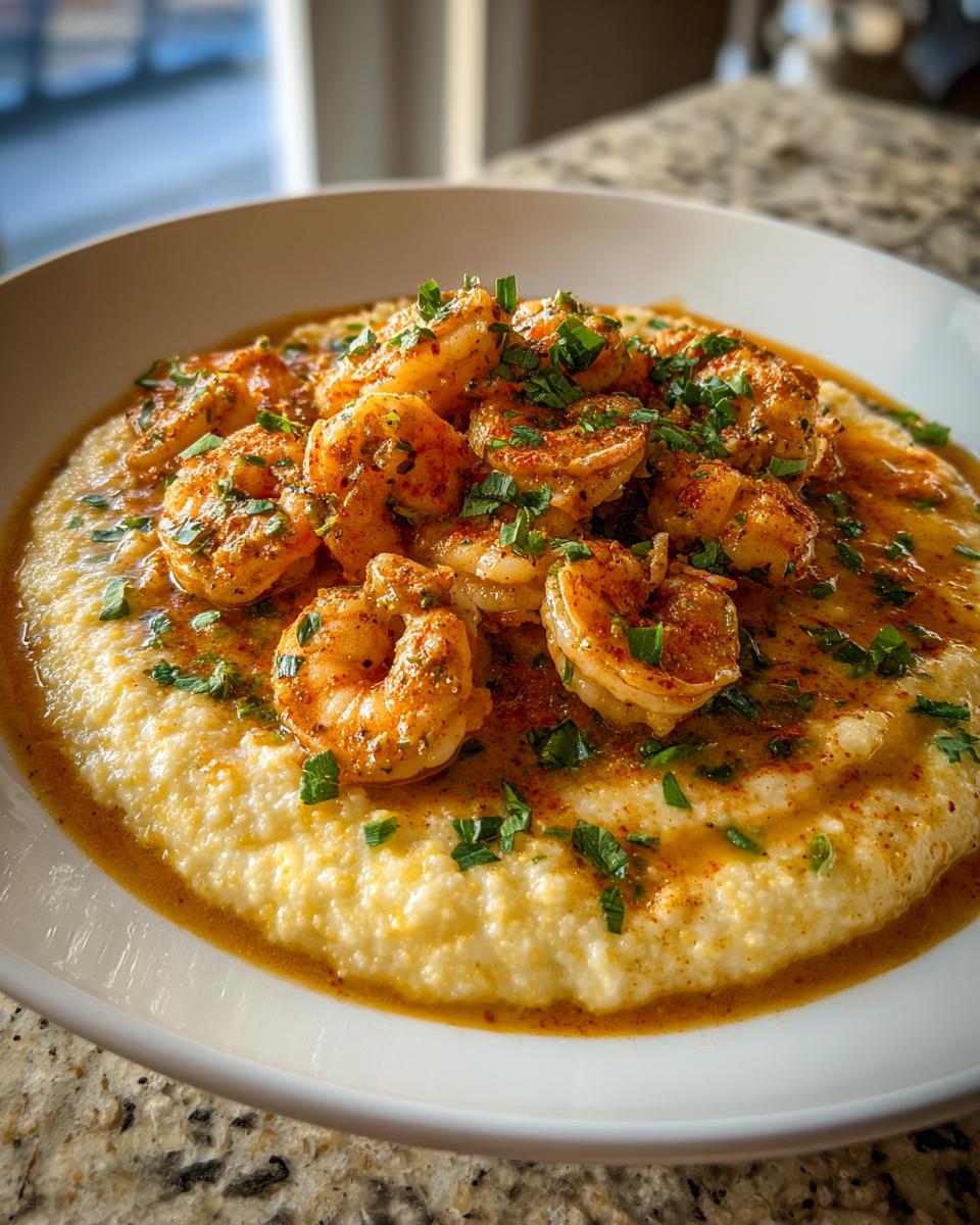 A close-up of creamy grits topped with seasoned Cajun shrimp and garnished with fresh parsley.
