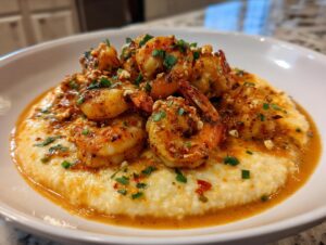 A close-up of perfectly cooked Cajun shrimp and grits served in a white bowl, topped with herbs.