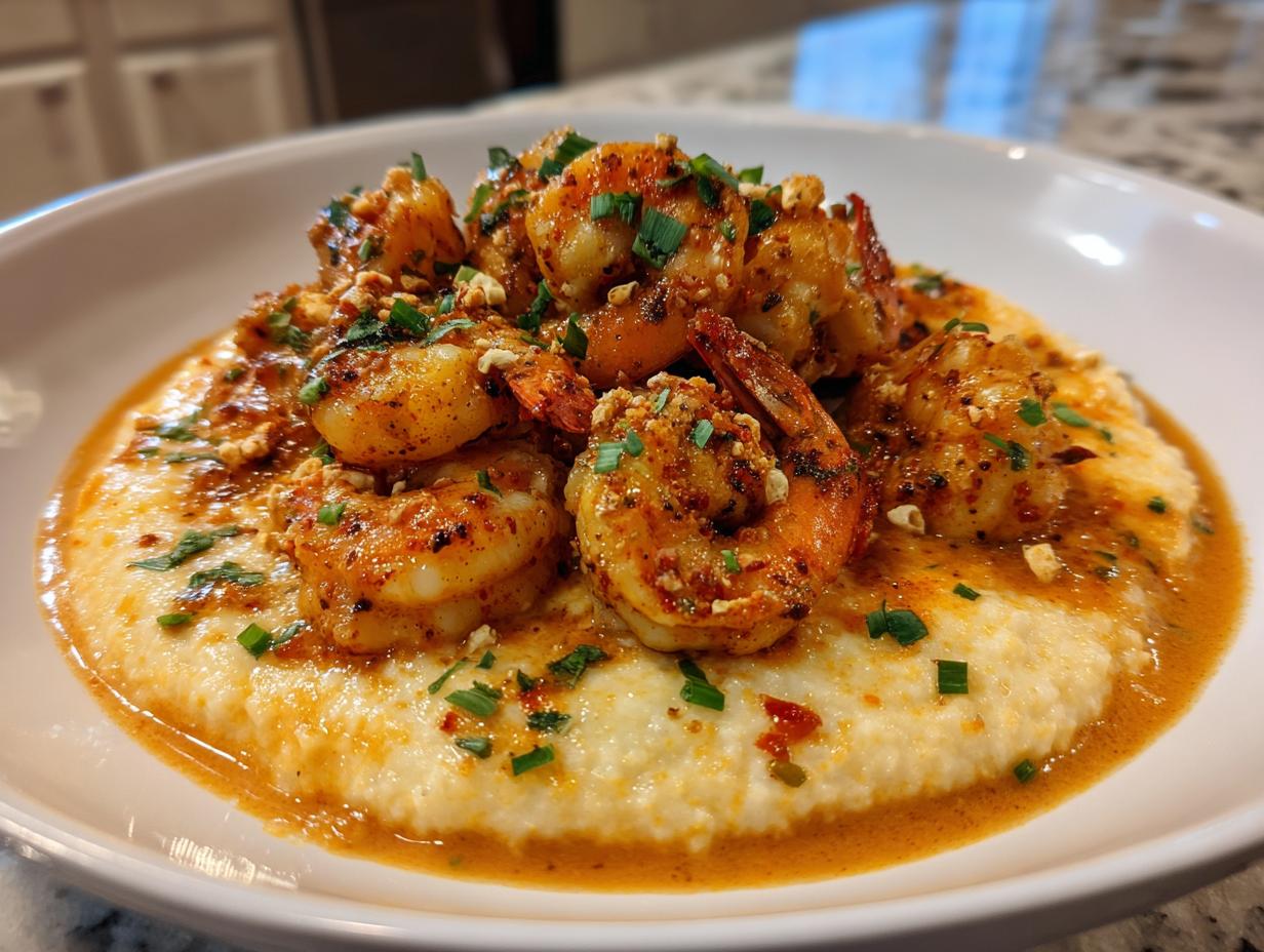 A close-up of perfectly cooked Cajun shrimp and grits served in a white bowl, topped with herbs.