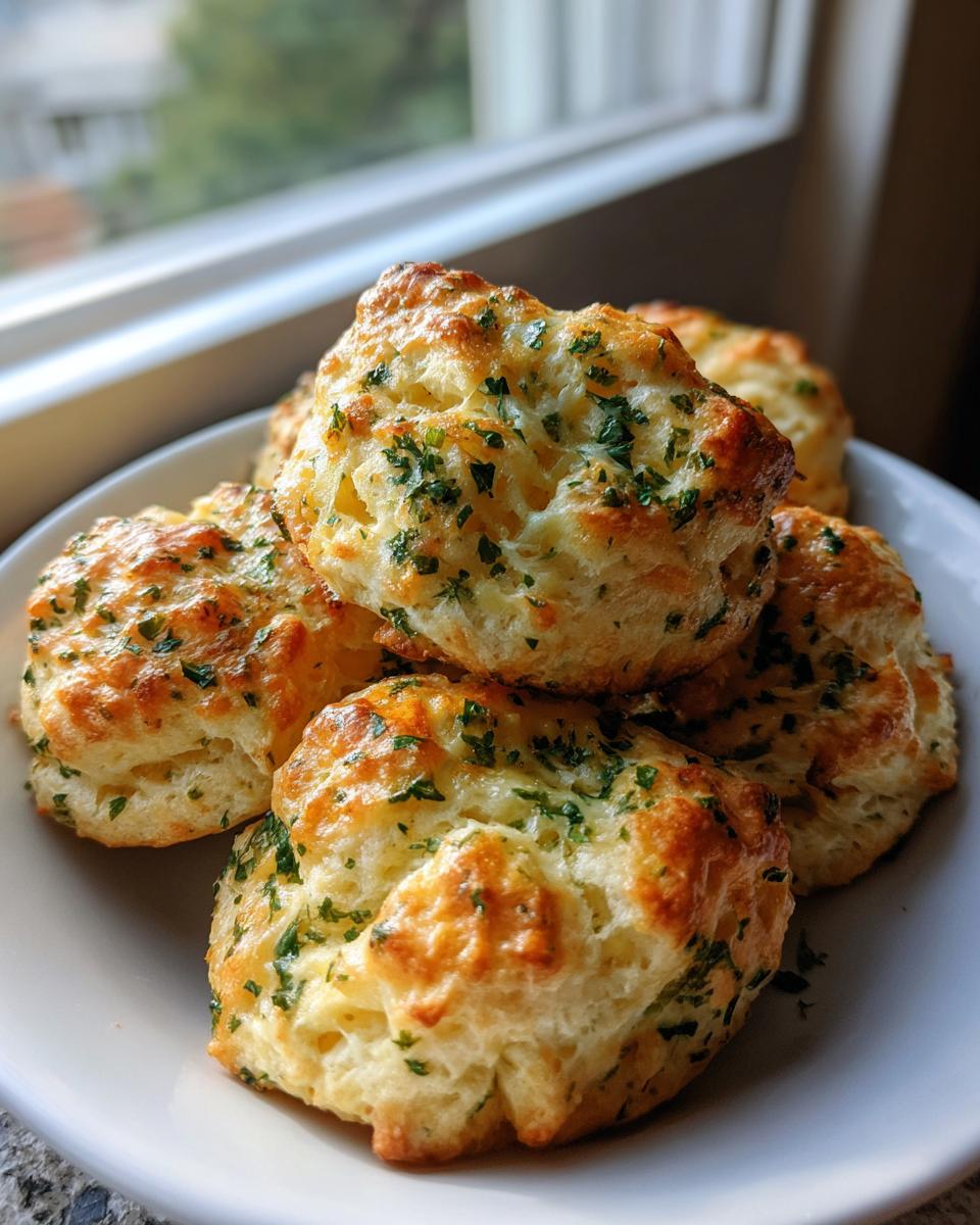 A stack of freshly baked, golden Cheddar bay biscuits generously topped with melted cheese and chopped parsley.