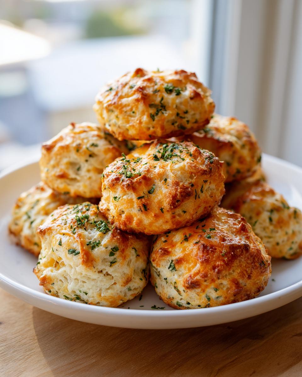 A stack of golden brown Cheddar bay biscuits, topped with melted cheese and fresh parsley, served on a white plate.