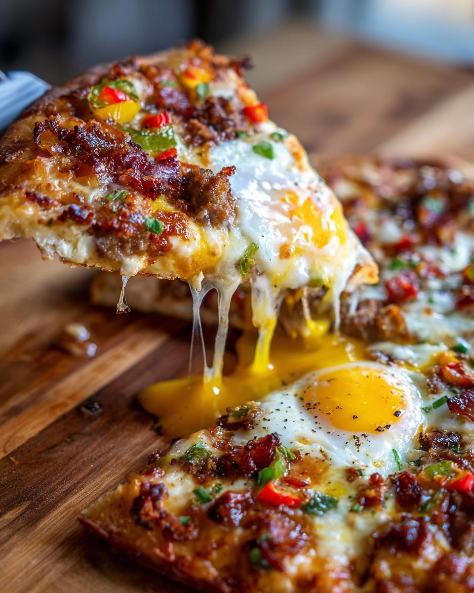 A slice of breakfast pizza being lifted, showing melted cheese stretching and a sunny-side-up egg yolk running onto the rest of the breakfast pizza.