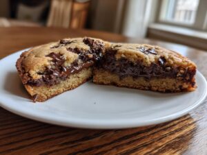 A slice of rich Chocolate chip cookie cake cut in half, revealing a gooey, melted chocolate center.