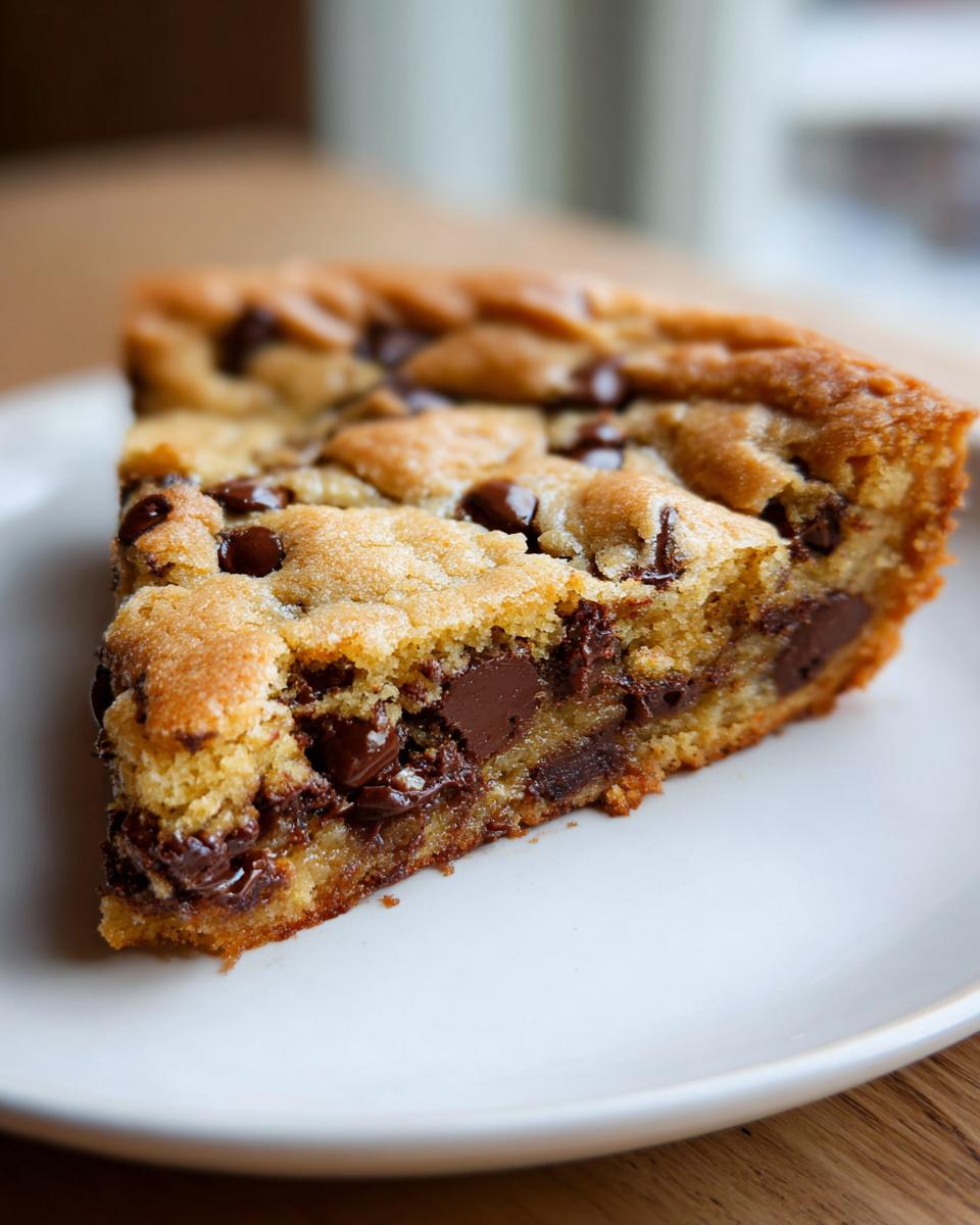 A decadent, thick slice of Chocolate chip cookie cake showing gooey melted chocolate chips on a white plate.