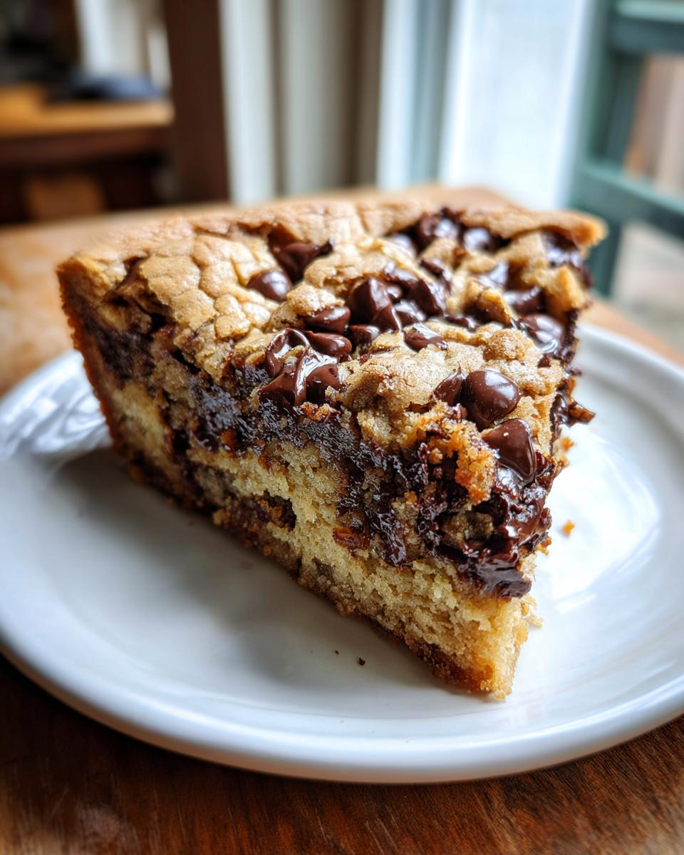 A thick slice of chocolate chip cookie cake, loaded with melted chocolate chips, served on a white plate.