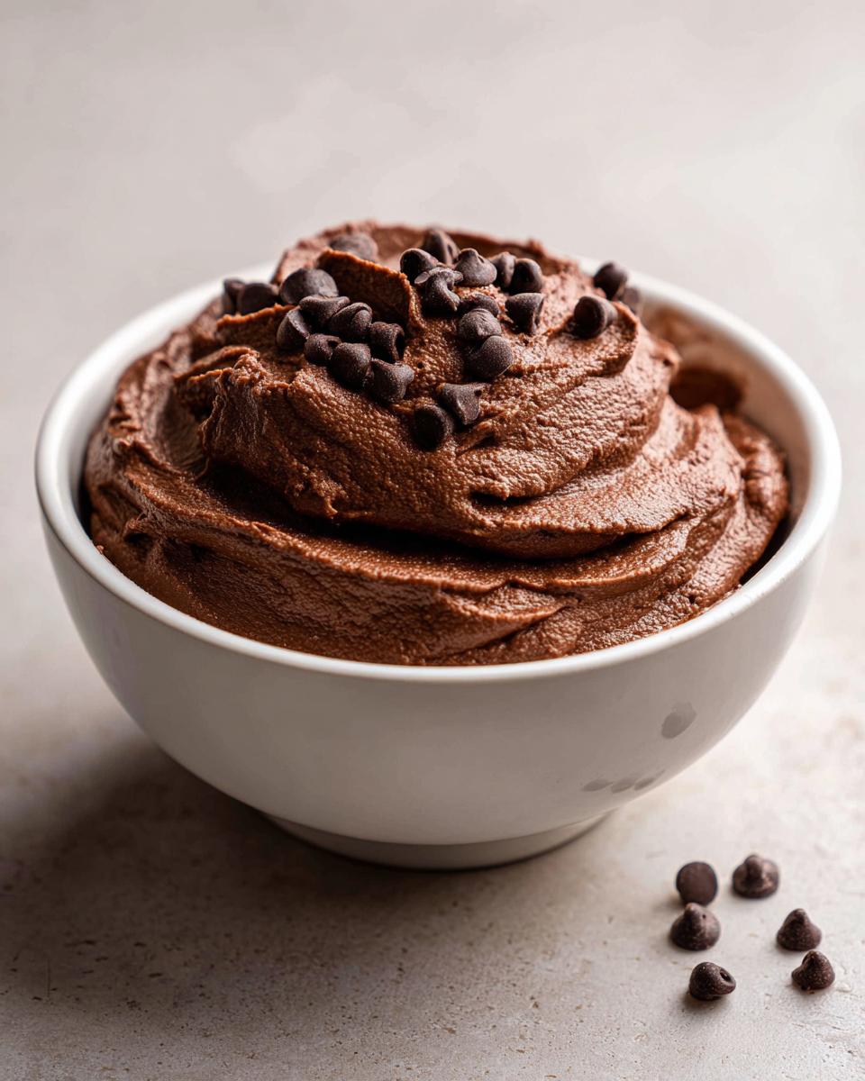 A white bowl filled with thick, rich Chocolate dessert hummus, topped with mini chocolate chips.