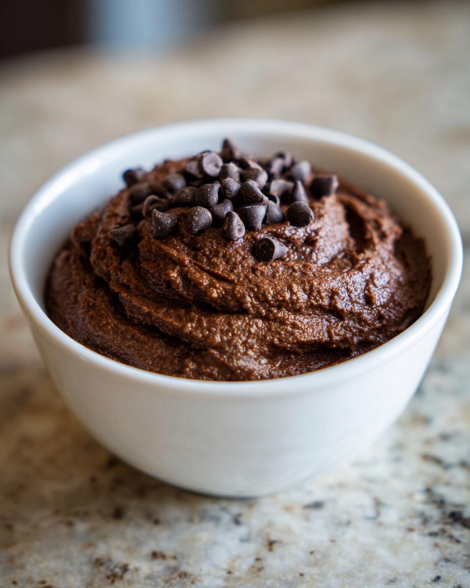 A close-up of rich, dark Chocolate dessert hummus served in a white bowl and topped with mini chocolate chips.
