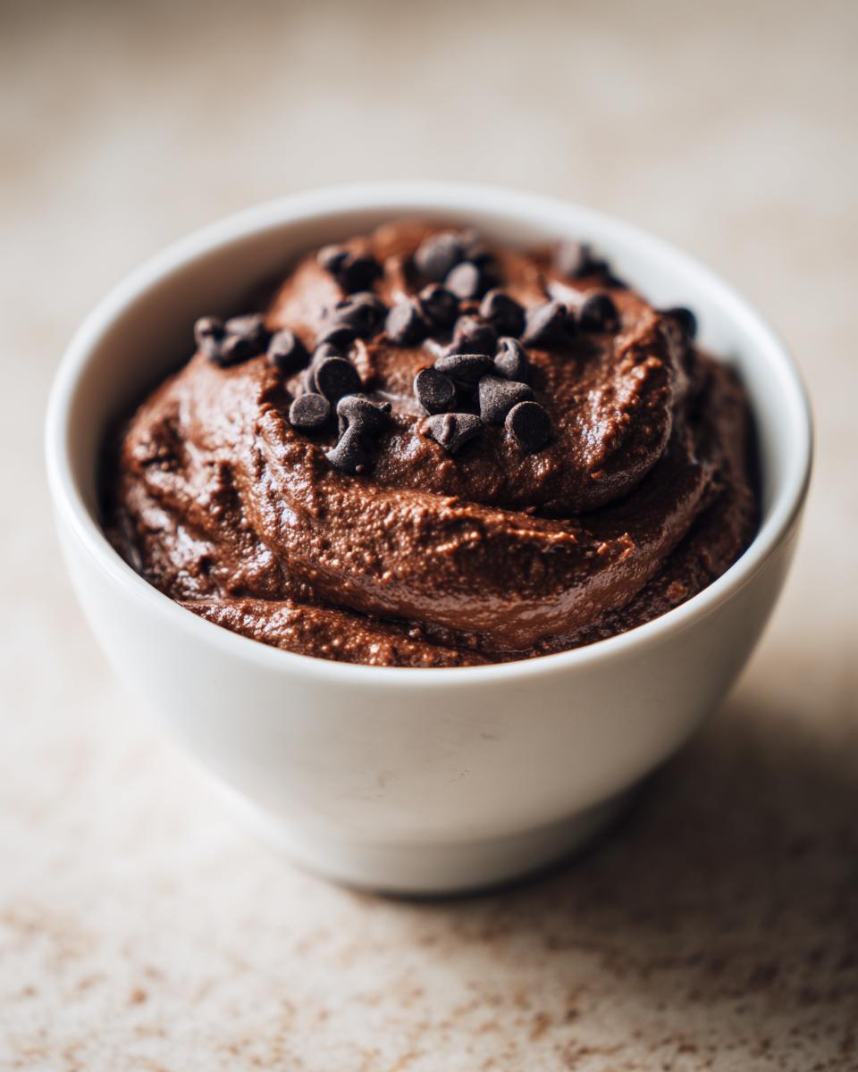 A close-up of rich, thick chocolate dessert hummus in a white bowl, topped with mini chocolate chips.