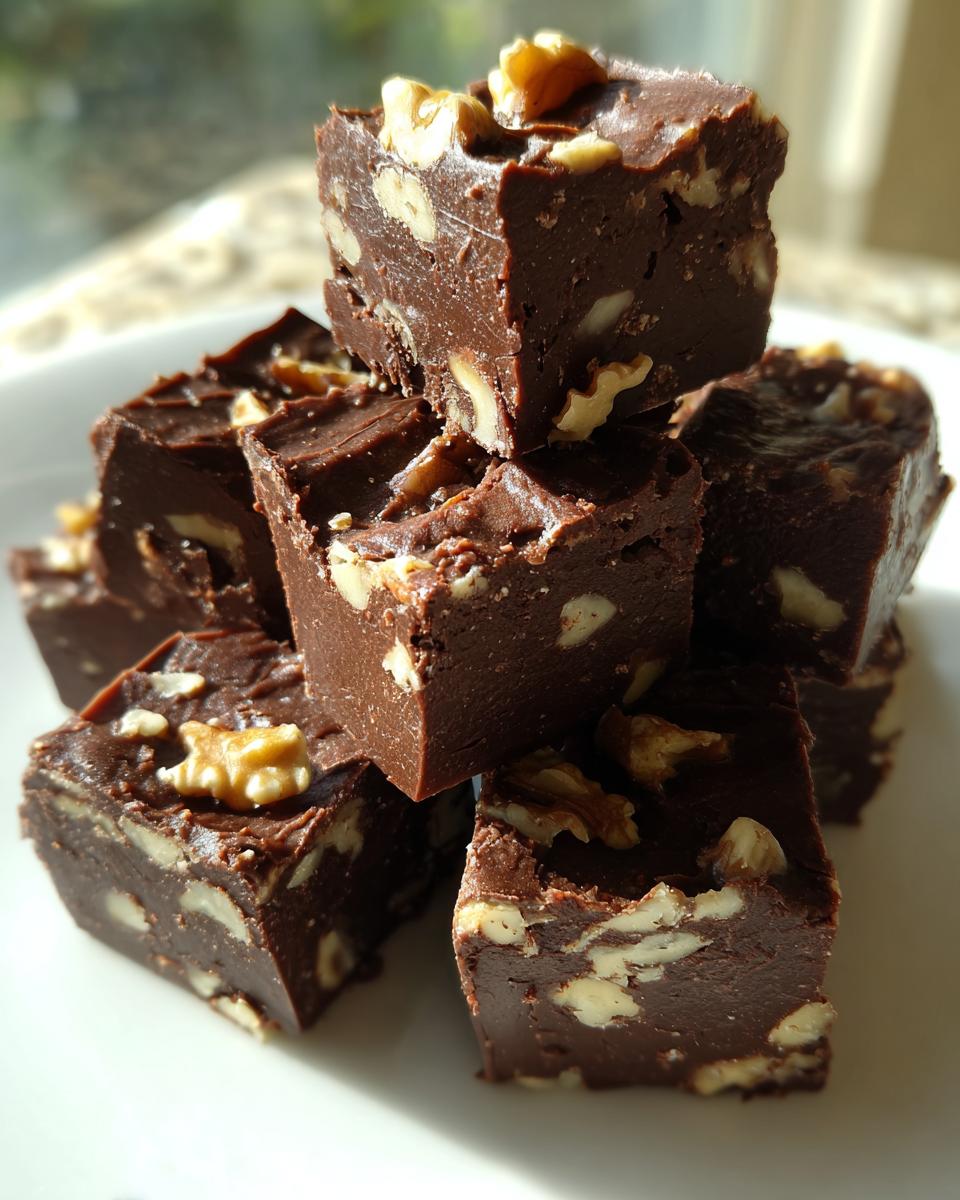 A close-up stack of rich, dark Chocolate walnut fudge squares studded with visible walnut pieces.