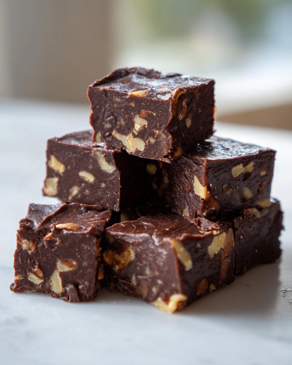 A small stack of rich, dark chocolate walnut fudge squares resting on a white marble surface.