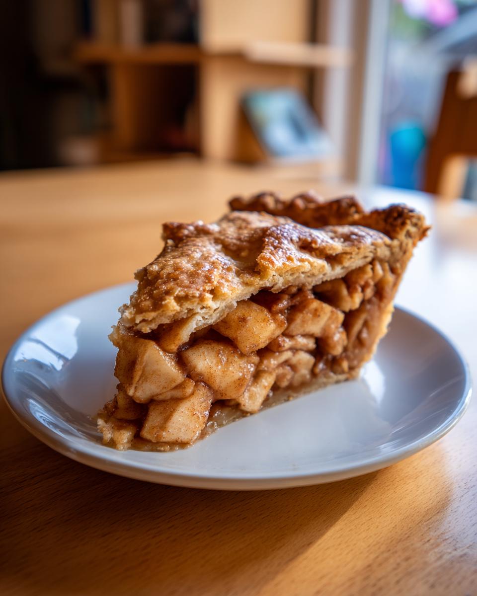 A close-up of a generous slice of Classic apple pie showing thick, spiced apple filling and a flaky, golden crust.