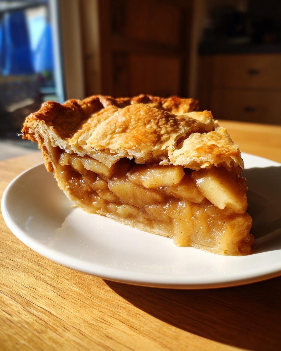 A perfect slice of Classic apple pie showing thick, spiced apple filling and a flaky, golden-brown top crust.
