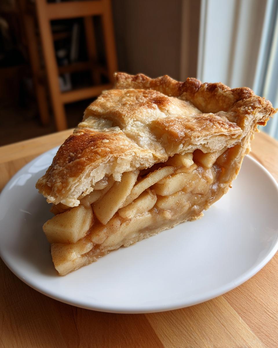 A thick slice of Classic apple pie showing tender cinnamon-spiced apples and a golden, flaky top crust, served on a white plate.