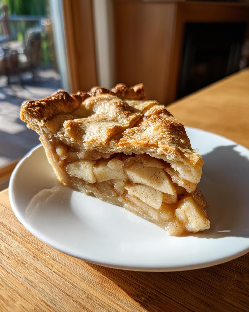 A close-up slice of Classic apple pie showing thick, spiced apple filling and a golden, flaky top crust.