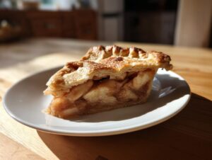 A close-up of a generous slice of Classic apple pie showing thick apple filling and a flaky, golden-brown crust.