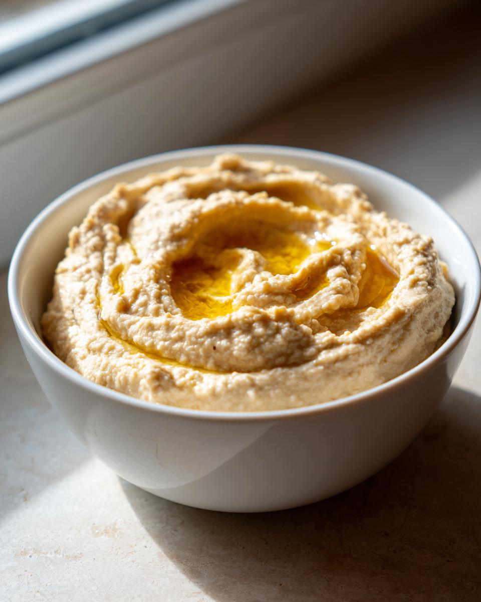 A white bowl filled with creamy Classic homemade hummus, drizzled generously with golden olive oil.