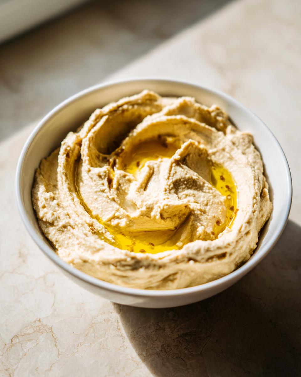 A white bowl filled with creamy Classic homemade hummus, swirled and drizzled with golden olive oil.