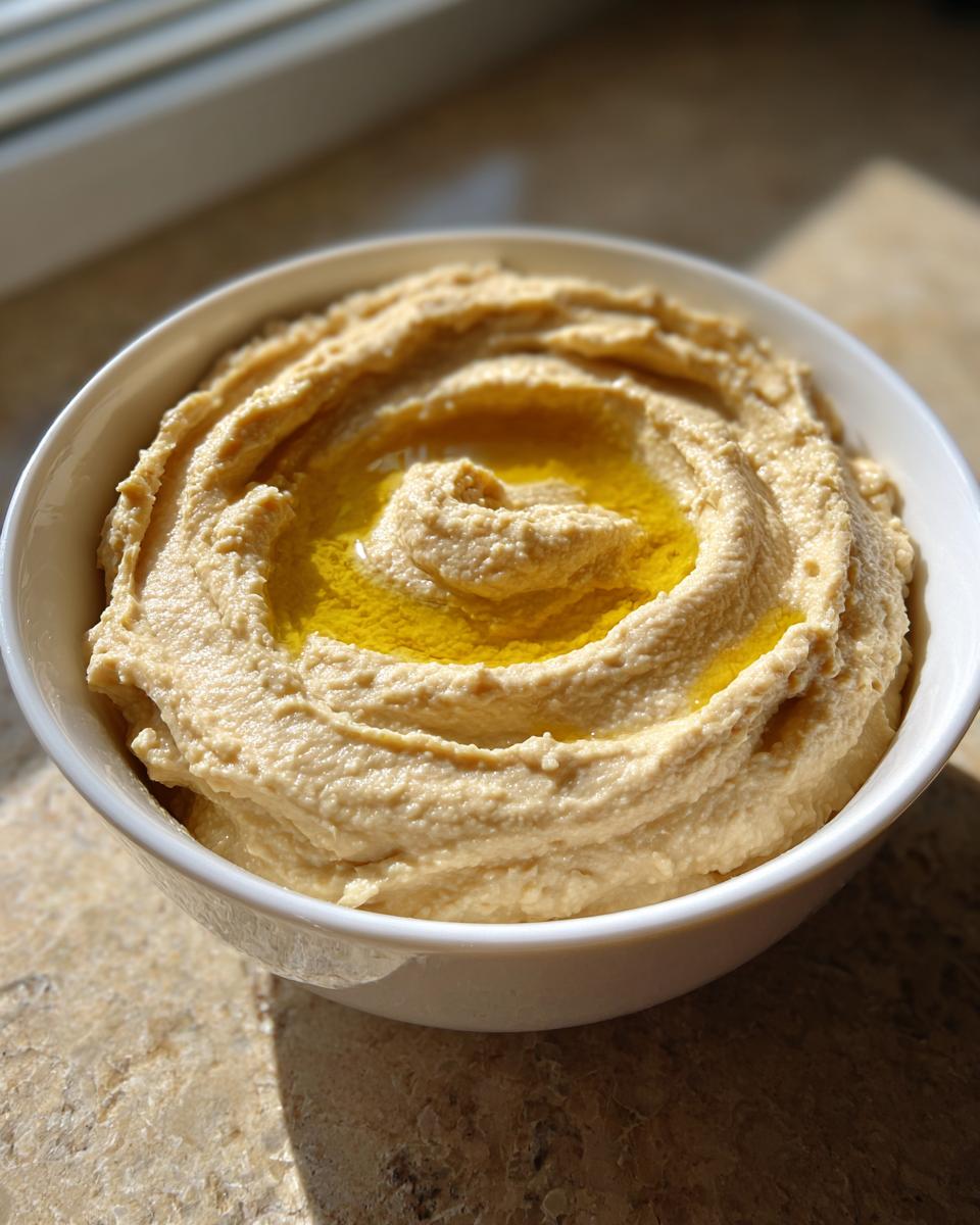 A close-up of a white bowl filled with smooth, creamy classic homemade hummus, swirled and topped with a generous drizzle of golden olive oil.