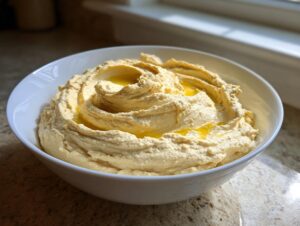 A white bowl filled with creamy Classic homemade hummus, swirled and drizzled with golden olive oil.