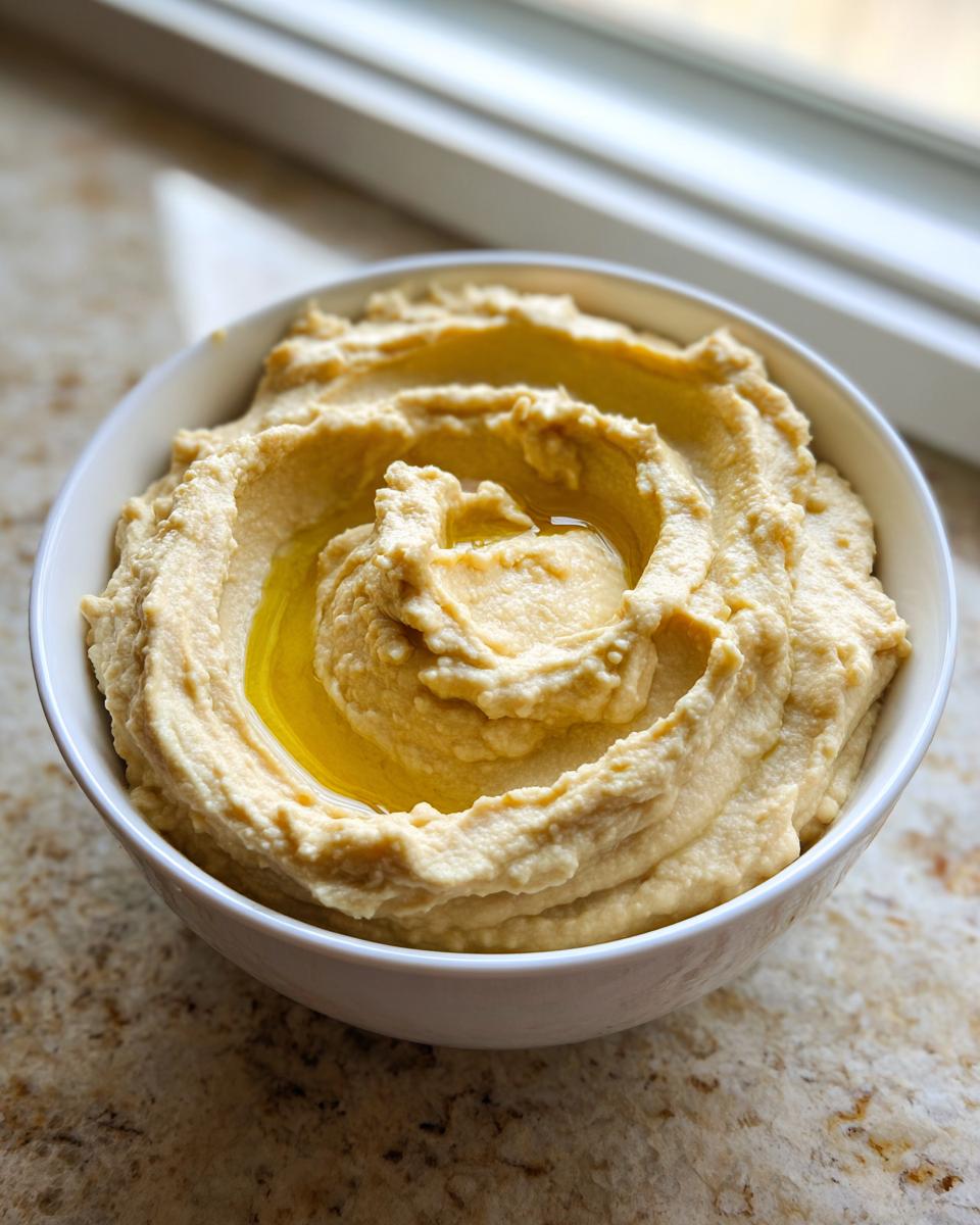 A close-up of a white bowl filled with creamy Classic homemade hummus, swirled and drizzled with olive oil.